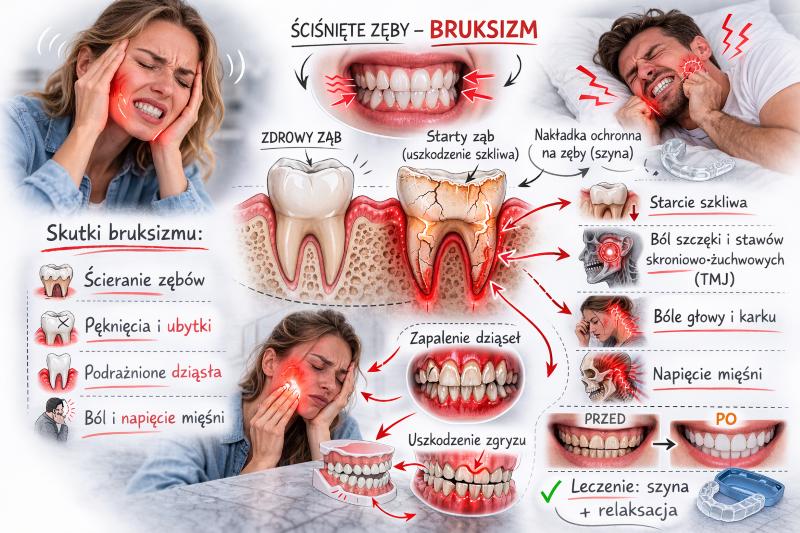Pacjent z objawami bruksizmu – napięcie mięśni żuchwy i zaciskanie zębów
