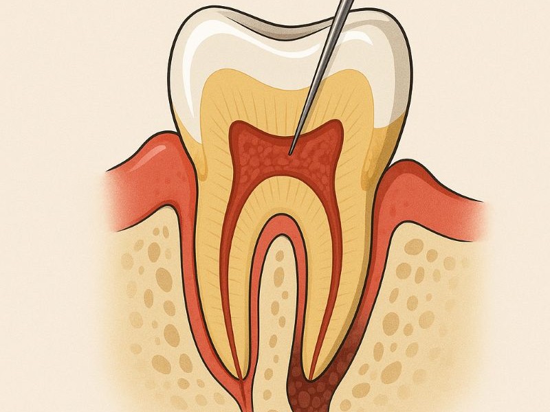 Medyczna ilustracja przekrojowa zęba z widocznym zapaleniem dziąseł, utratą kości i narzędziem stomatologicznym