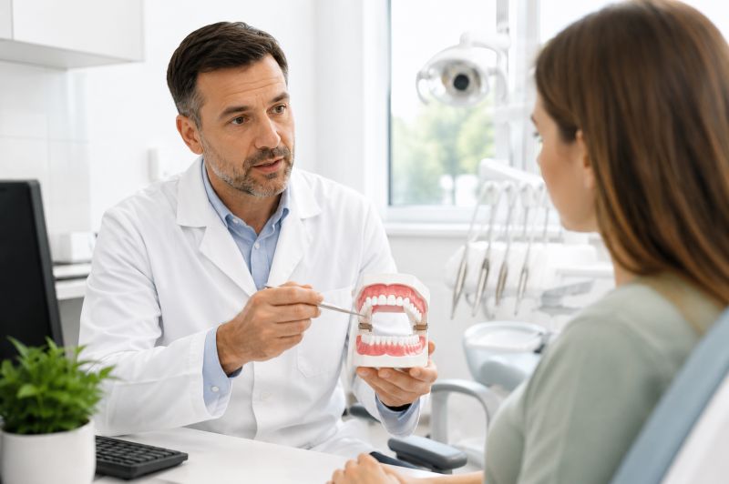 Dentysta wskazuje na model szczęki podczas konsultacji stomatologicznej