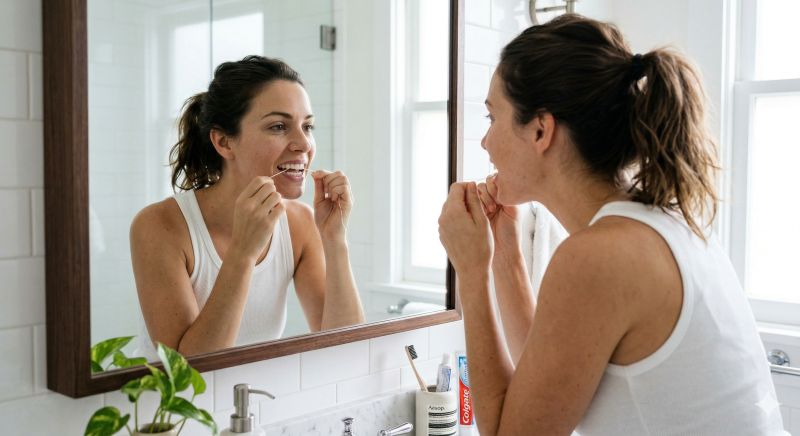 Kobieta nitkuje zęby przed lustrem w jasnej łazience