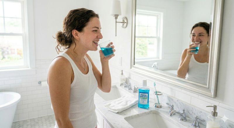 Uśmiechnięta kobieta płucze jamę ustną niebieskim płynem do płukania, stojąc przed lustrem w jasnej łazience