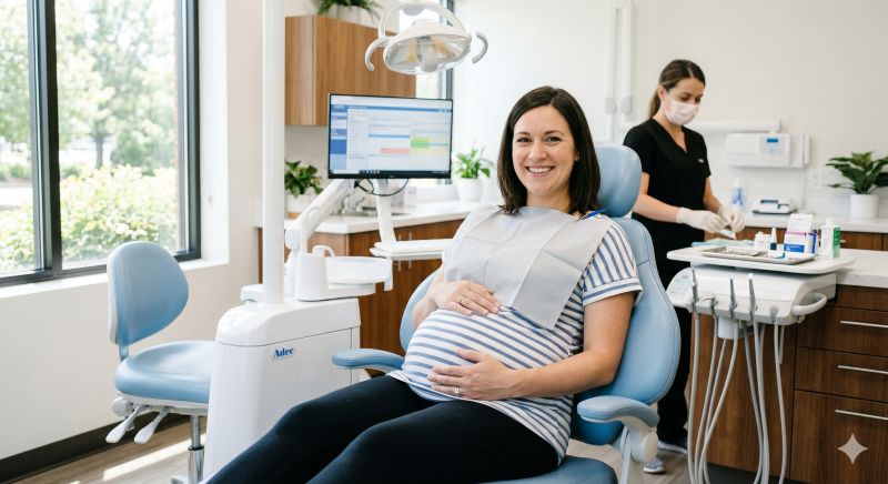 Uśmiechnięta kobieta w ciąży siedzi na fotelu dentystycznym, w tle asystentka dentystyczna przygotowuje narzędzia.