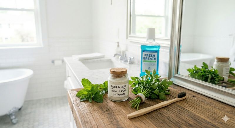 Naturalna pasta do zębów w słoiczku obok bambusowej szczoteczki i świeżych ziół na drewnianej półce w łazience