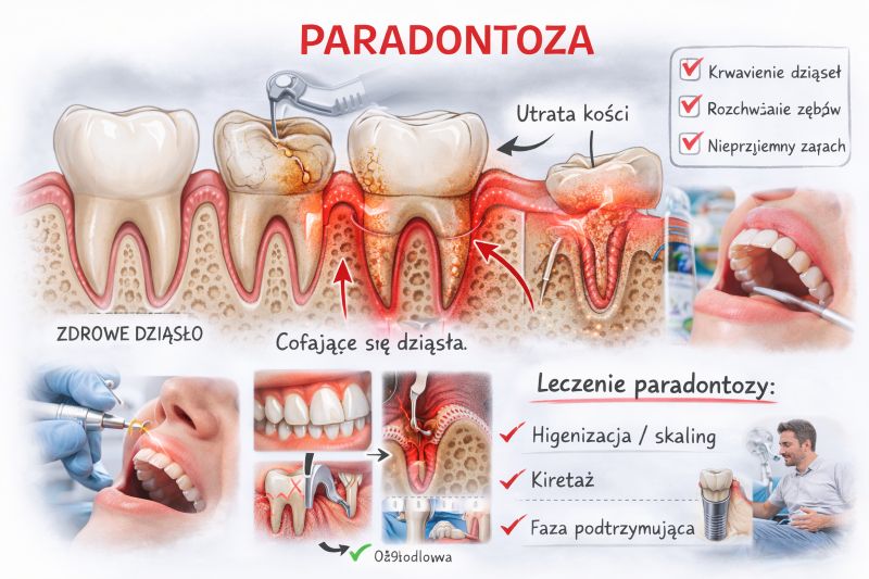 Cofanie się dziąseł i odsłonięte szyjki zębowe w przebiegu paradontozy