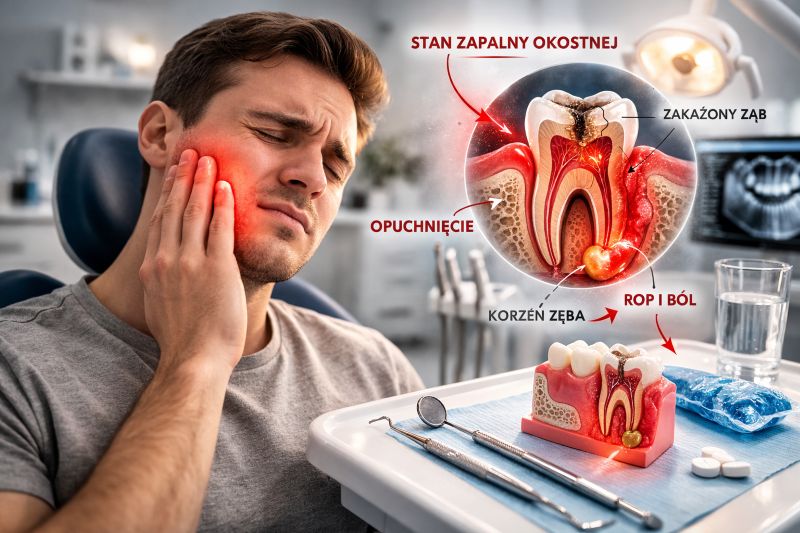 Ilustracja medyczna przedstawiająca zapalenie okostnej zęba z ropniem i opuchlizną